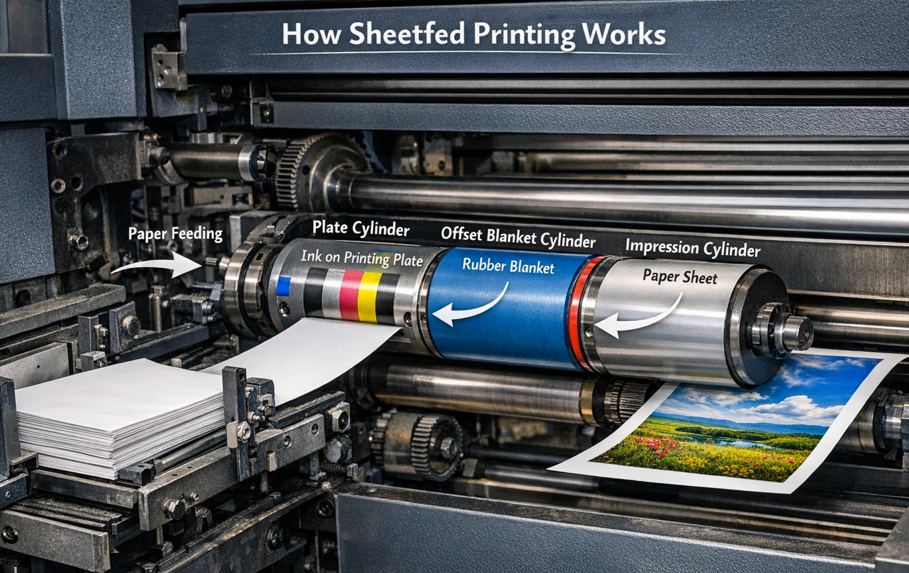 Diagram illustrating the process of sheetfed printing, showing paper feeding, ink application, and drying stages.