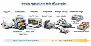 Visual representation of web office printing mechanics, detailing the workflow and key elements of the printing process.