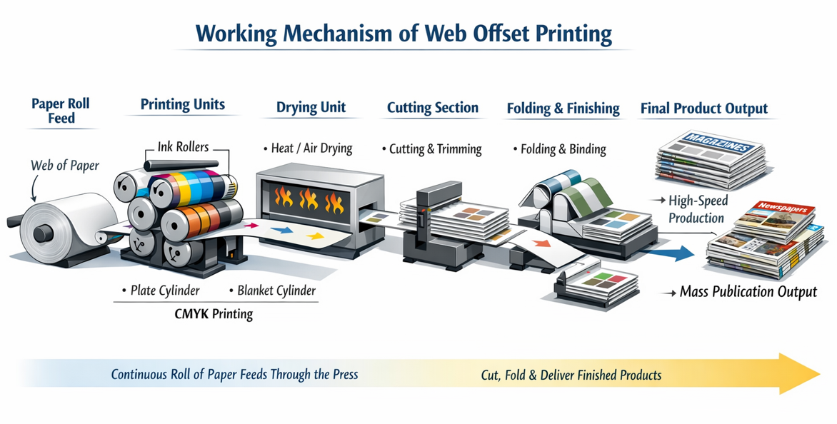 Visual representation of web office printing mechanics, detailing the workflow and key elements of the printing process.